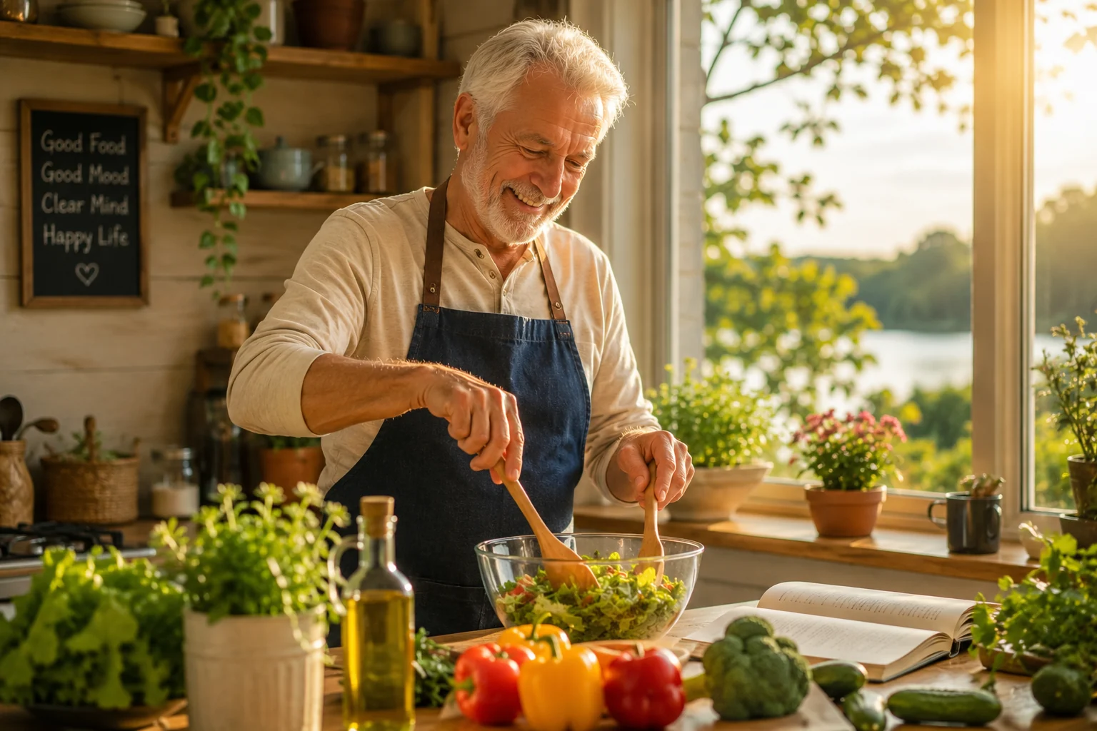 A silver-haired man building a fresh salad at a sunlit kitchen window over still fen water, a chalkboard reading Good Food, Good Mood, Clear Mind, Happy Life behind him